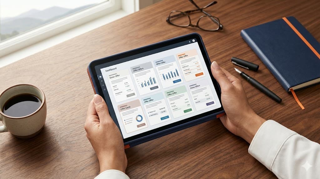 Business owner reviewing multiple competing loan offers on a tablet