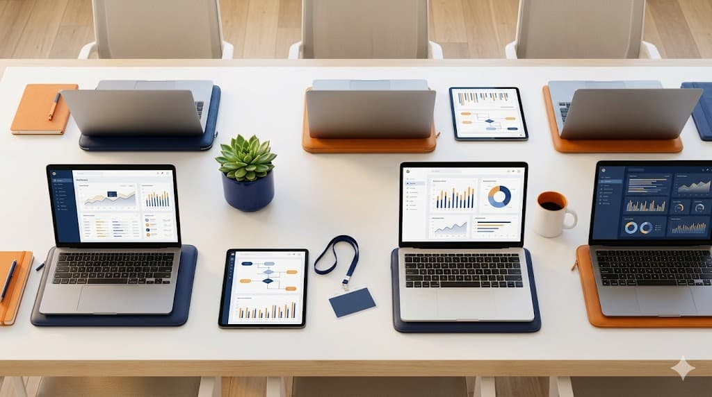 Multiple modern financing path options displayed across devices on a workspace table