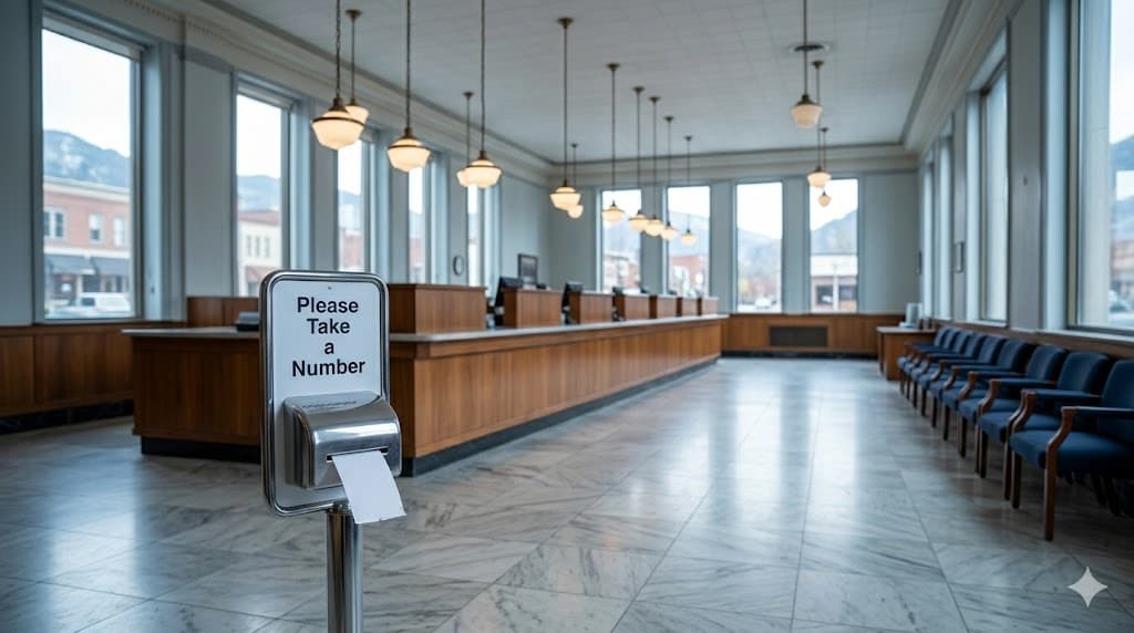 Empty traditional bank lobby symbolizing the slow, outdated path to business financing