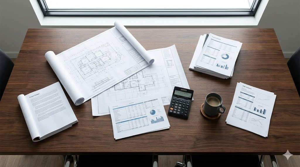 Architectural plans, financial reports, and commercial transaction documents on a desk
